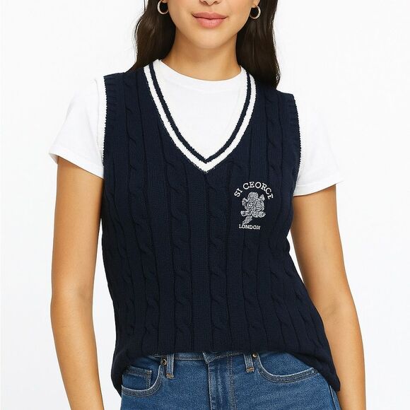 Brandy Melville Navy V Neck Knit Sweater Vest St. George London S/M - Picture 1 of 8
